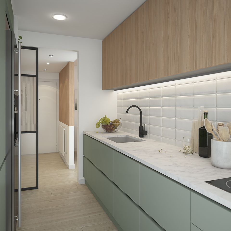 Interiorismo online, Biointeriorismo. Proyectos de interiorismo de cocina minimalista en color menta. Icónica Interiors