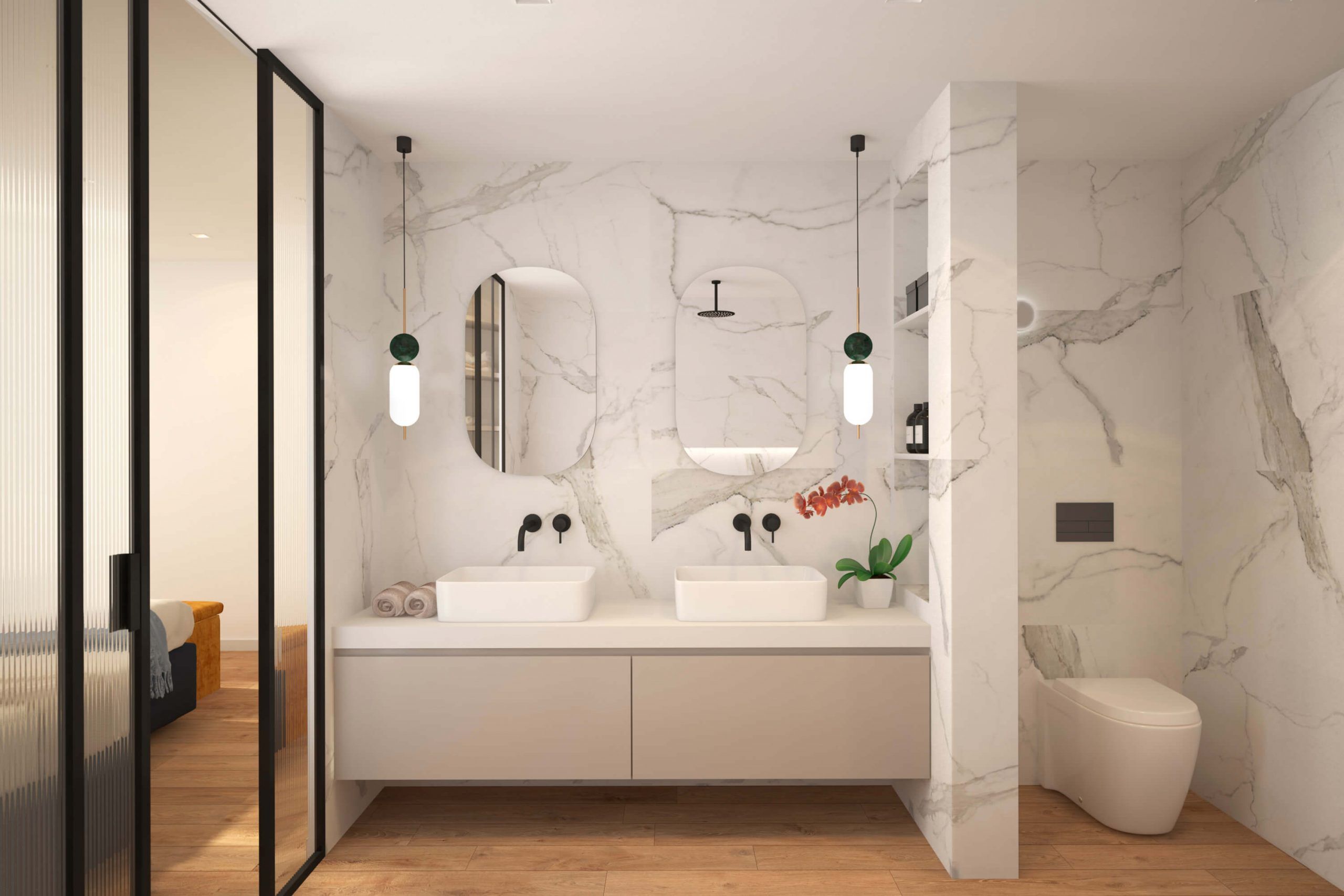 proyecto 3d interiorismo en la finca, baño en suite, Icónica Interiors
