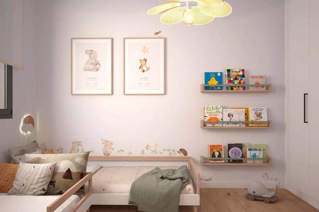 Dormitorio infantil con decoración Montessori, estantes de libros. Icónica Interiors