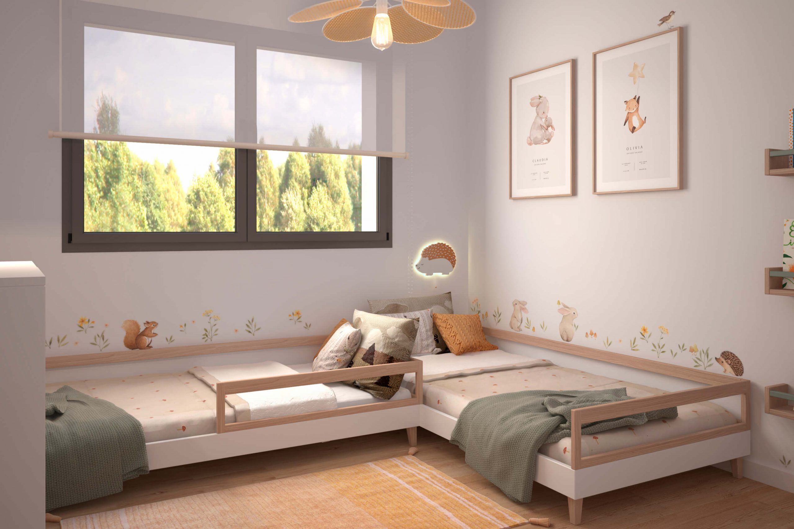Proyectos de interiorismo en Torrelodones. Proyecto 3d e interiorismo de dormitorio infantil con dos camas, iconicainteriors