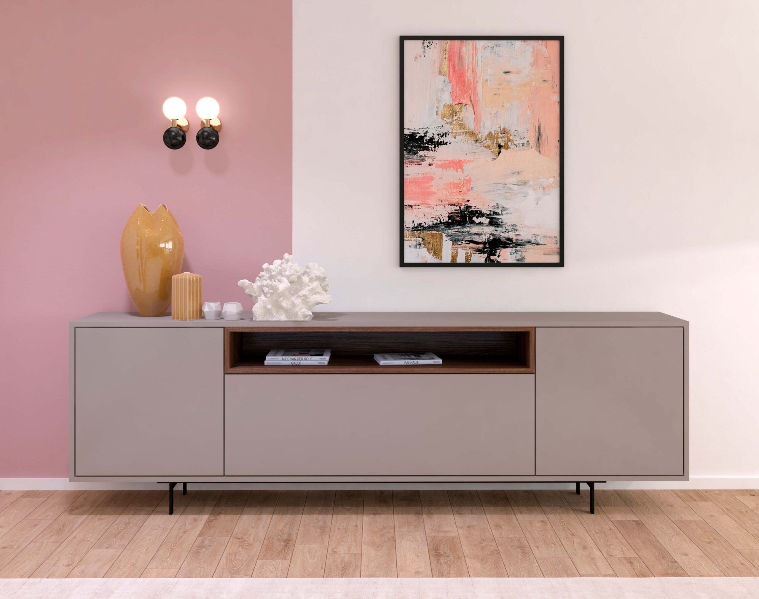 proyecto 3d interiorismo, aparador con fondo rosa, iconicainteriors