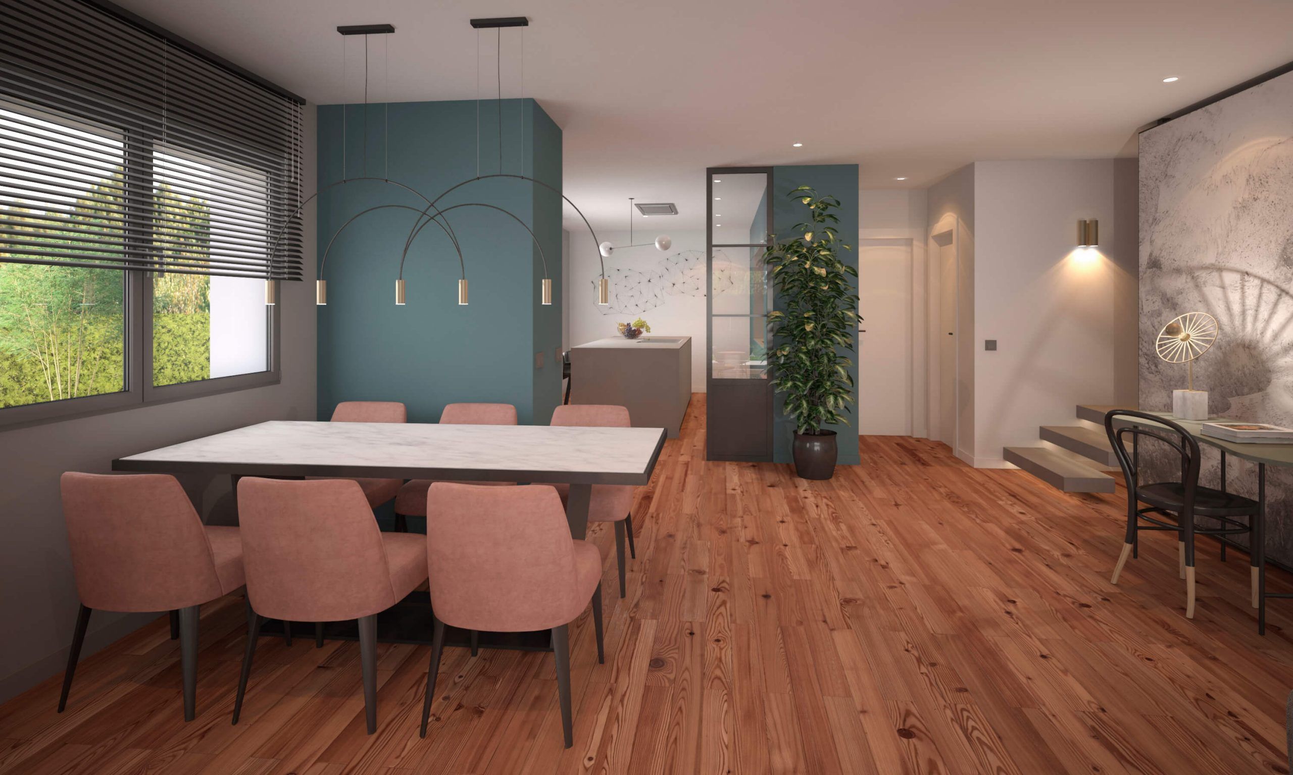 3d proyecto de interiorismo salón comedor rosas y turquesas, icónicainteriors