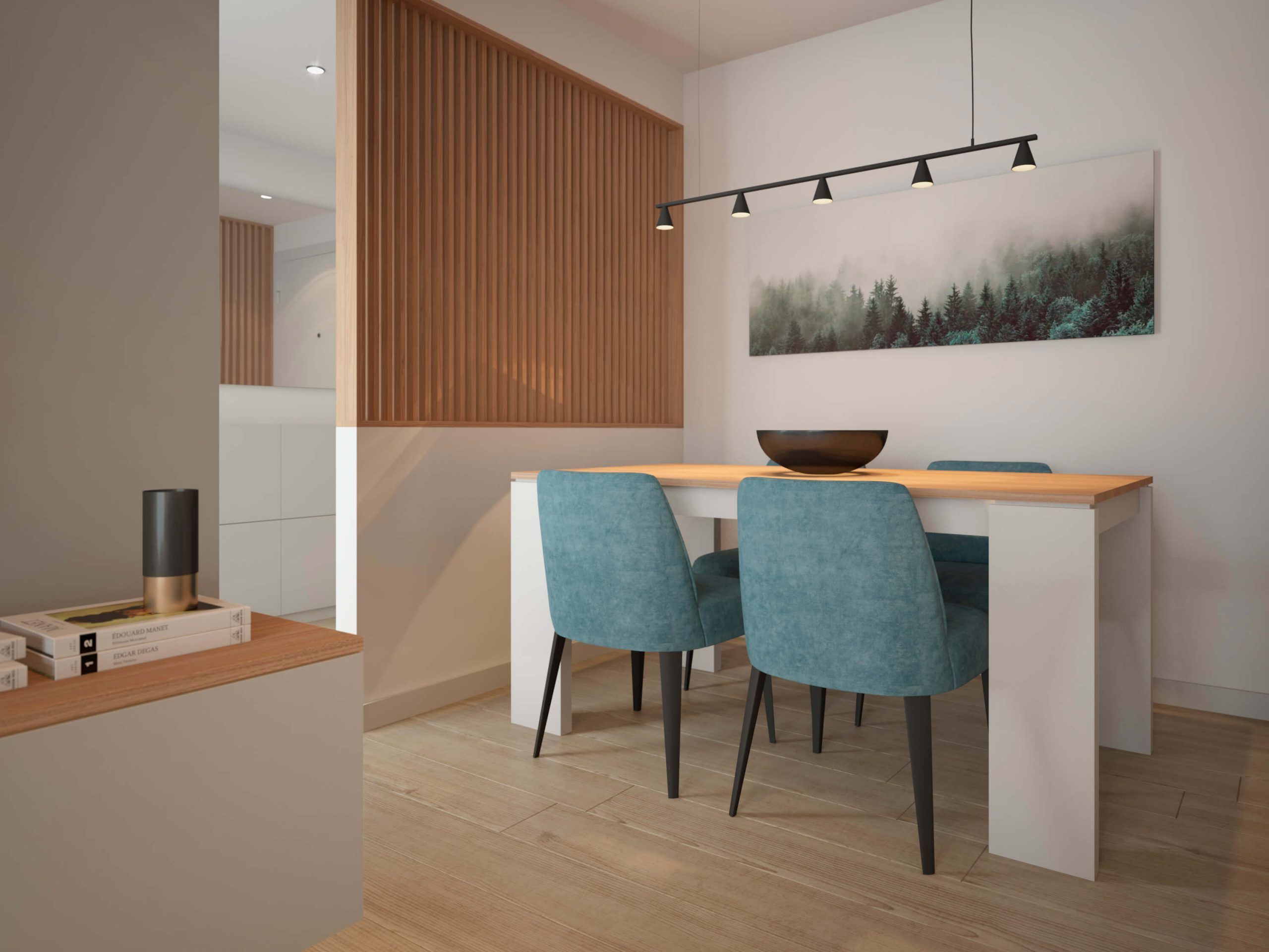 Proyecto de interiorismo en Coslada. Comedor con luminaria lineal. Icónica Interiors