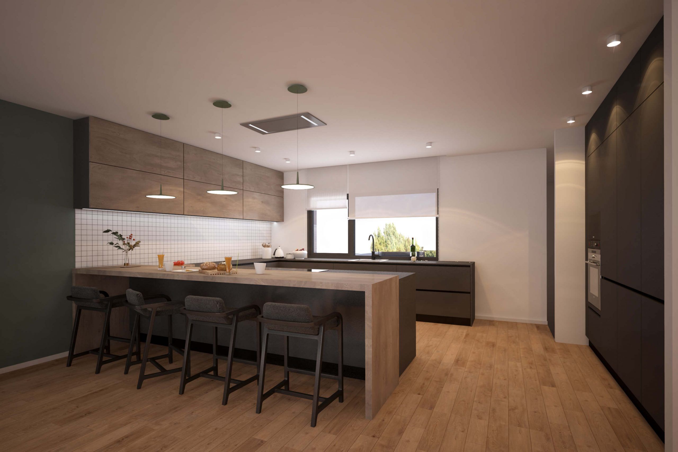 3d interiorismo en Pozuelo, cocina abierta, iconicainteriors