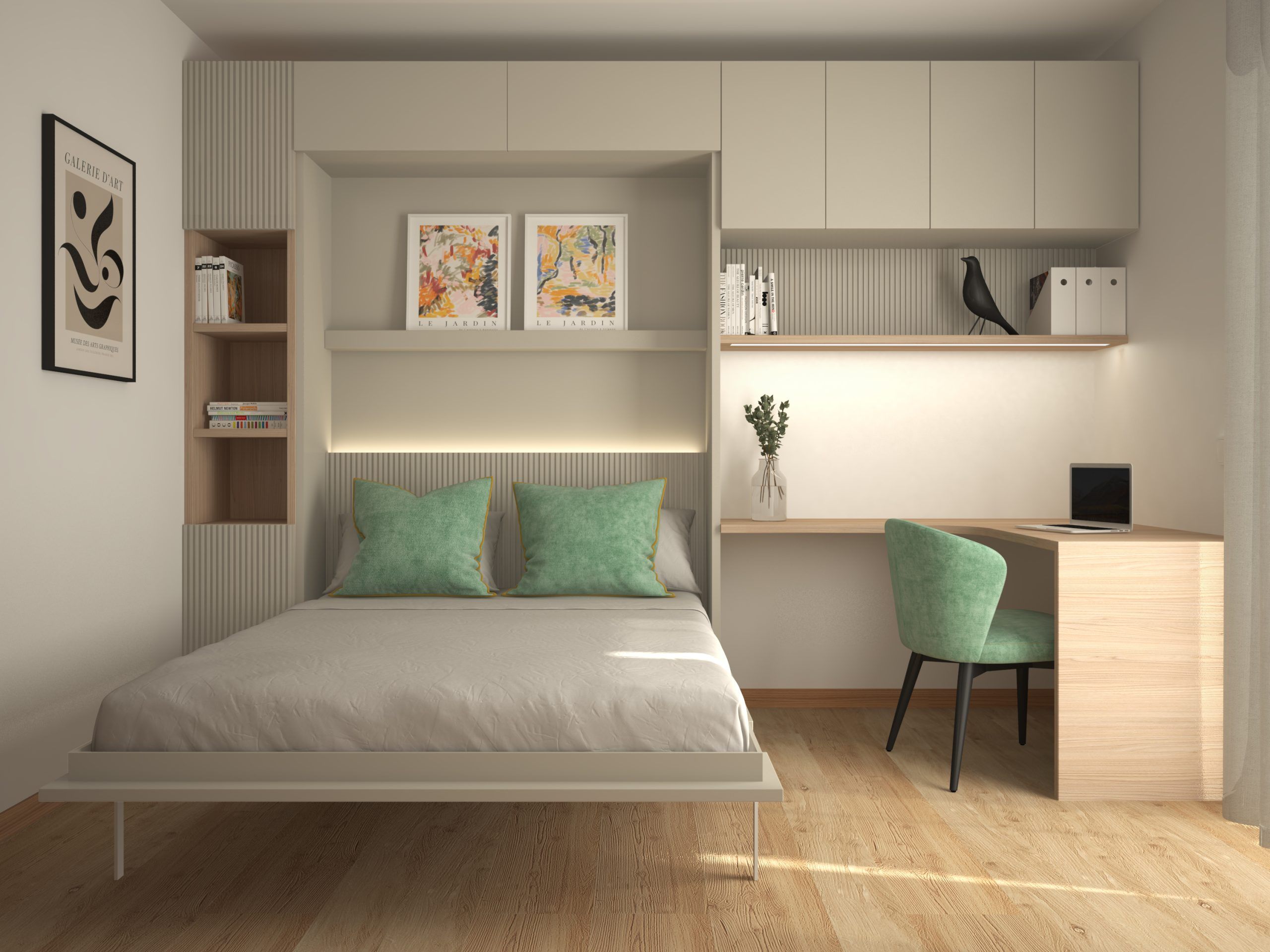 Interiorismo de despacho con cama abatible. Vista frontal cama abierta. Icónica Interiors