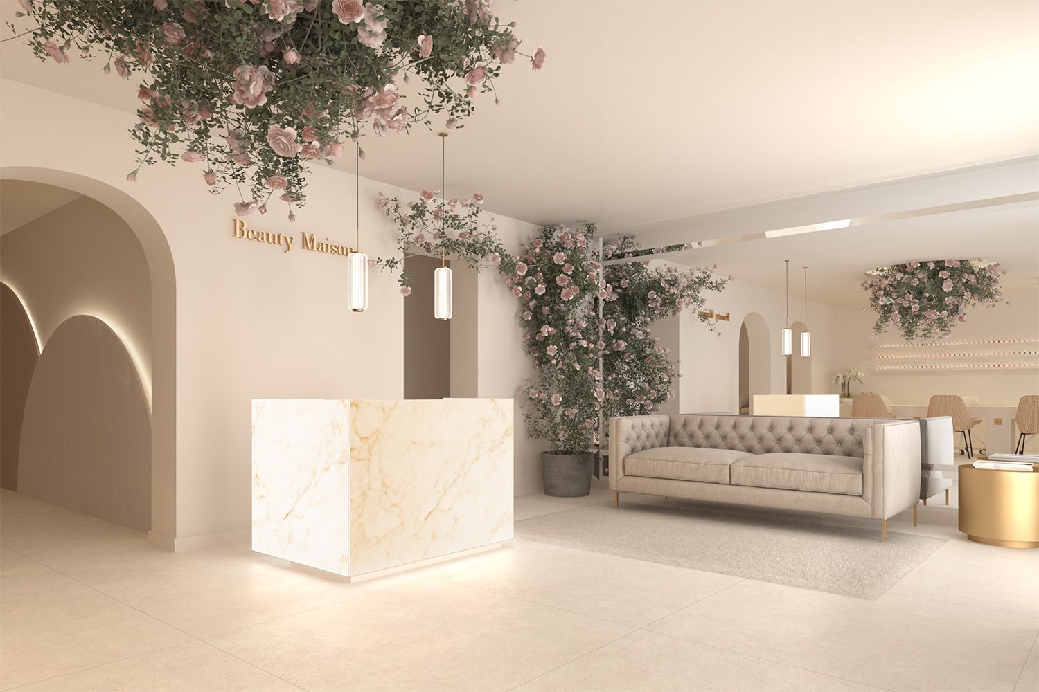 Proyecto 3d para interiorismos de un centro estético. Estética wabi sabi, mostrador retroiluminado