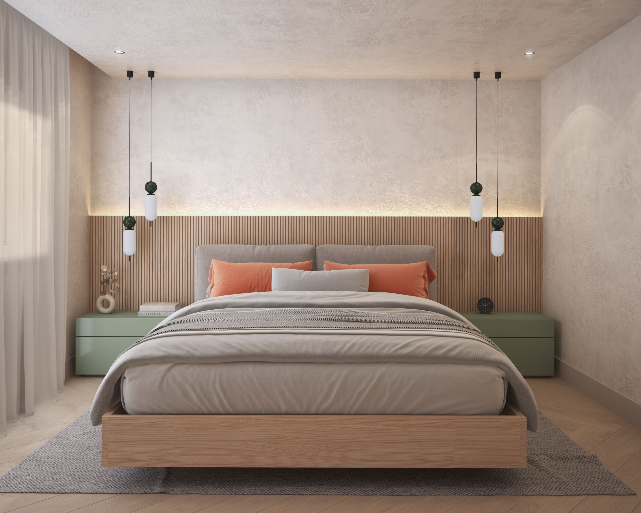 frente de cama, tablillería, madera y verdes. Diseño de interiores Toledo
