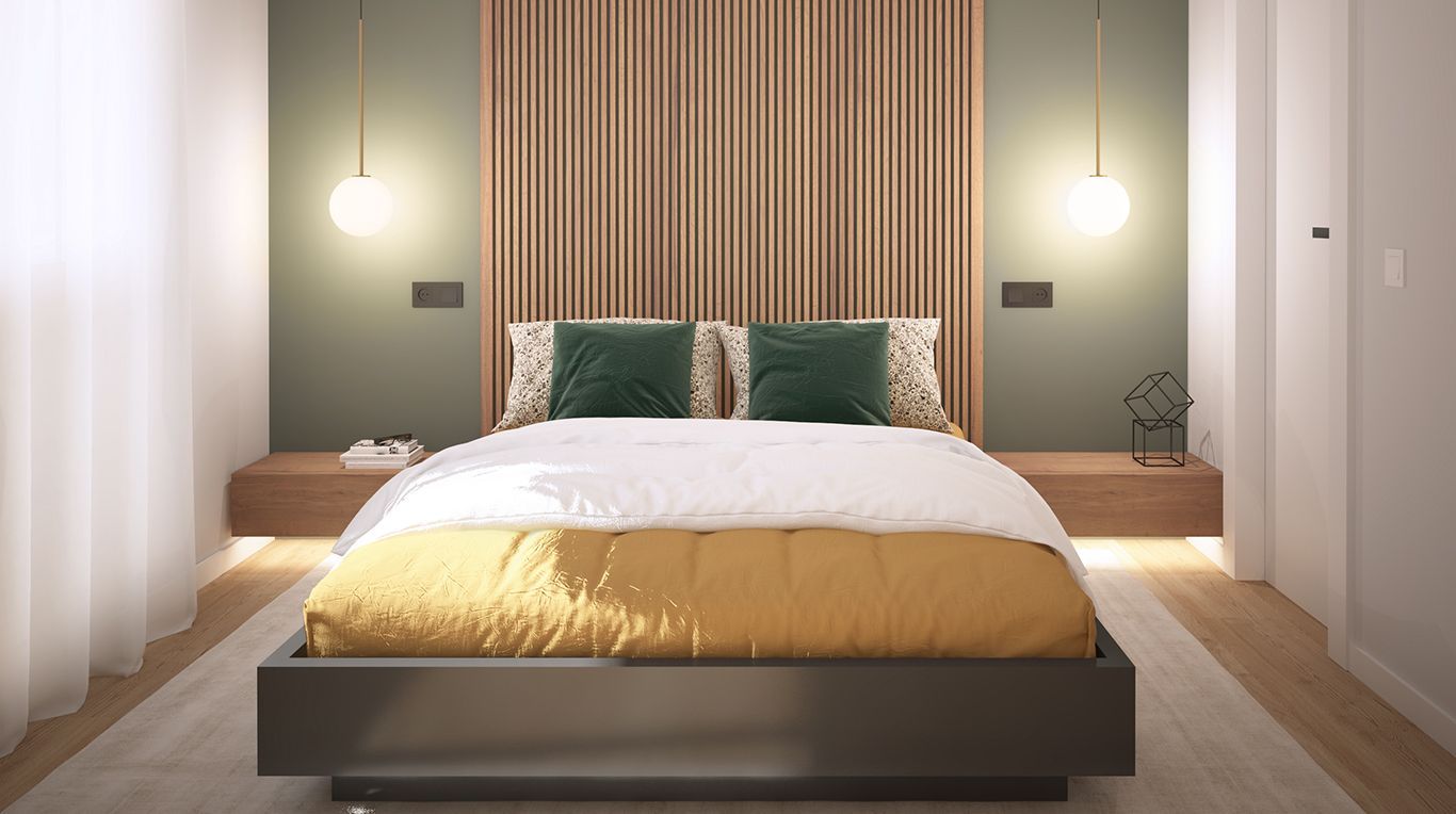 diseño de viviendas 3d de dormitorio comparado con la imagen real. Icónica Interiors