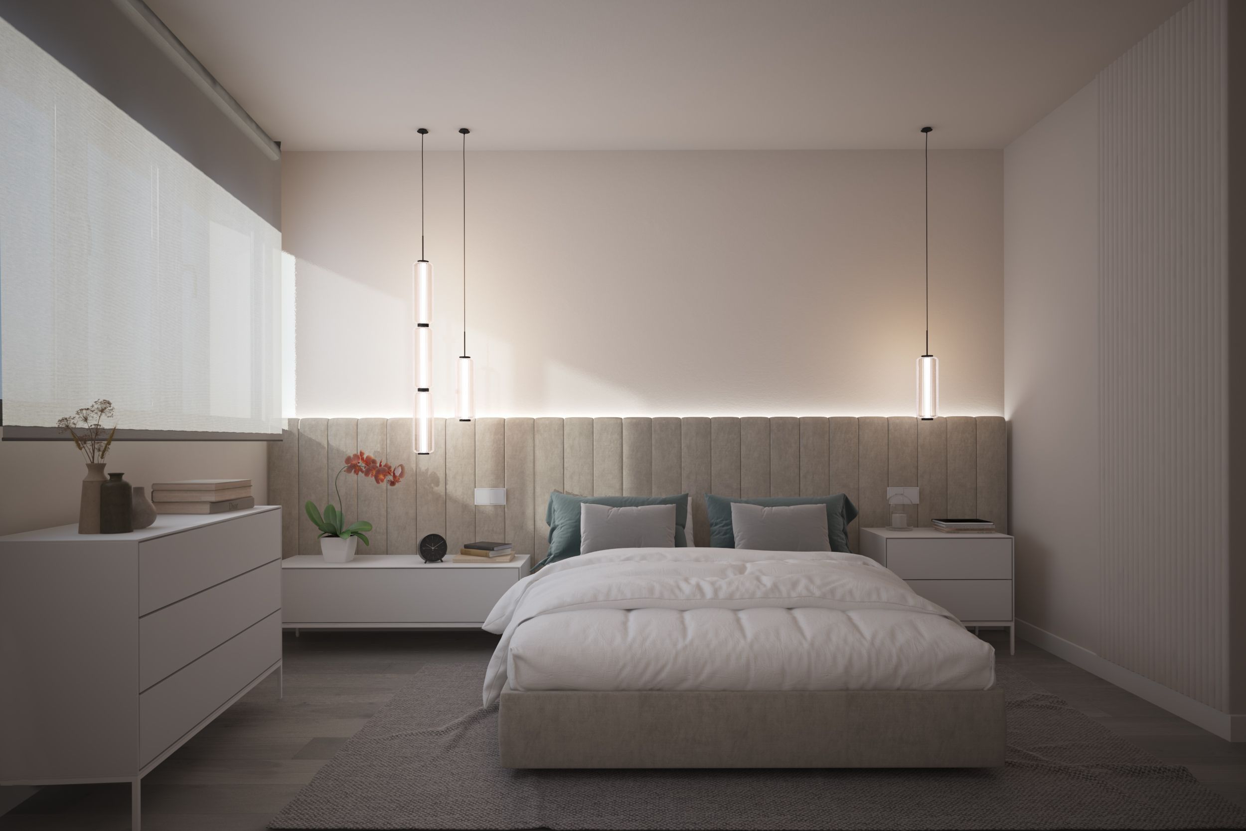 Interiorismo en Valdebebas. Cabecera con diseño de interiores de dormitorio principal. Iconica Interiors
