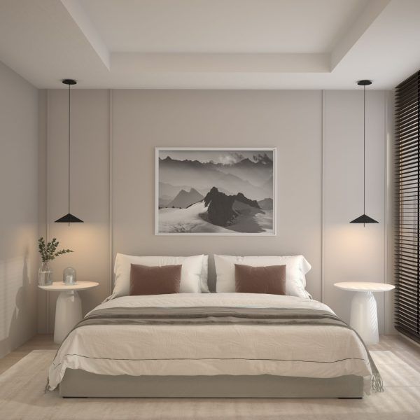 Visualización 3d de dormitorio elegante. Interiorismo